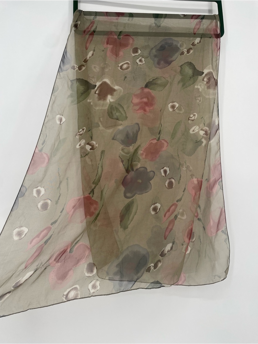 Sheer Muted Sage Green Floral Cottagecore Rectangle Vintage Scarf